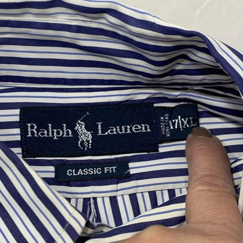 Ralph Lauren‎ Men's Classic Fit Blue White Striped Button Down Shirt Size 17/XL